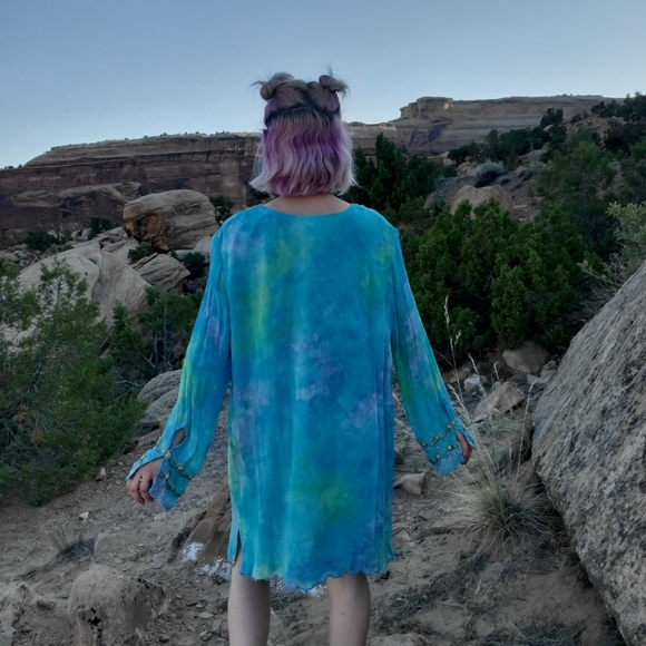 Roaman's Blue Tie Dye Beaded Chiffon Dress - Picture 13 of 14